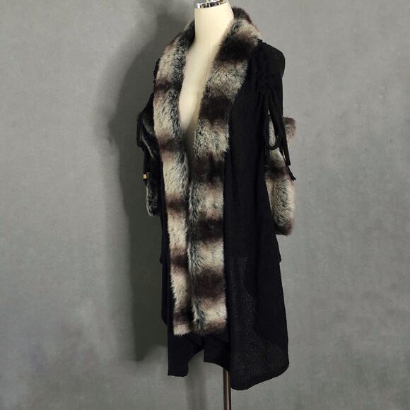 Pretty Angel Faux Fur Trimmed Duster Vest Black Linen Wool Knit Cardigan S/M - Picture 6 of 16